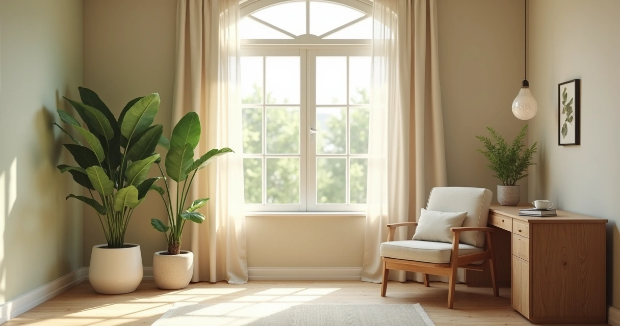 Bright room with window, plants, and simple seating
