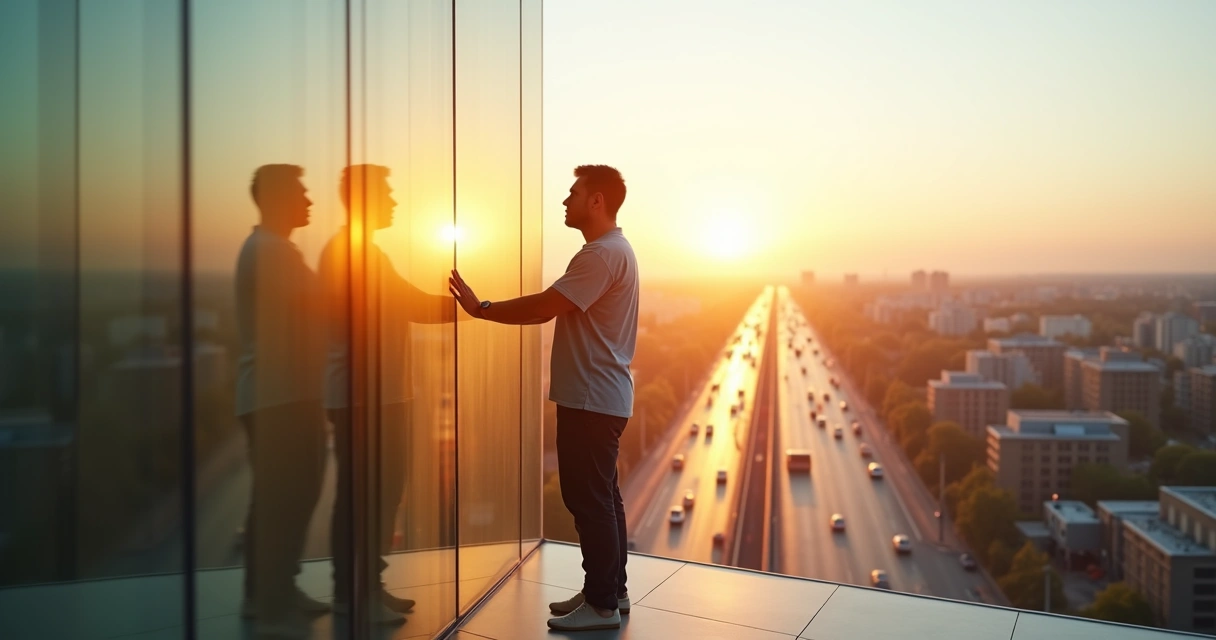 Person calmly observing their reflection in a glass wall above a busy blurred city 