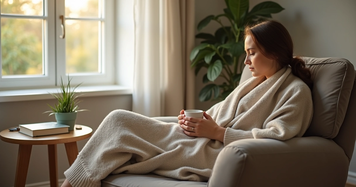 Person sitting calmly with tea and blanket by a window