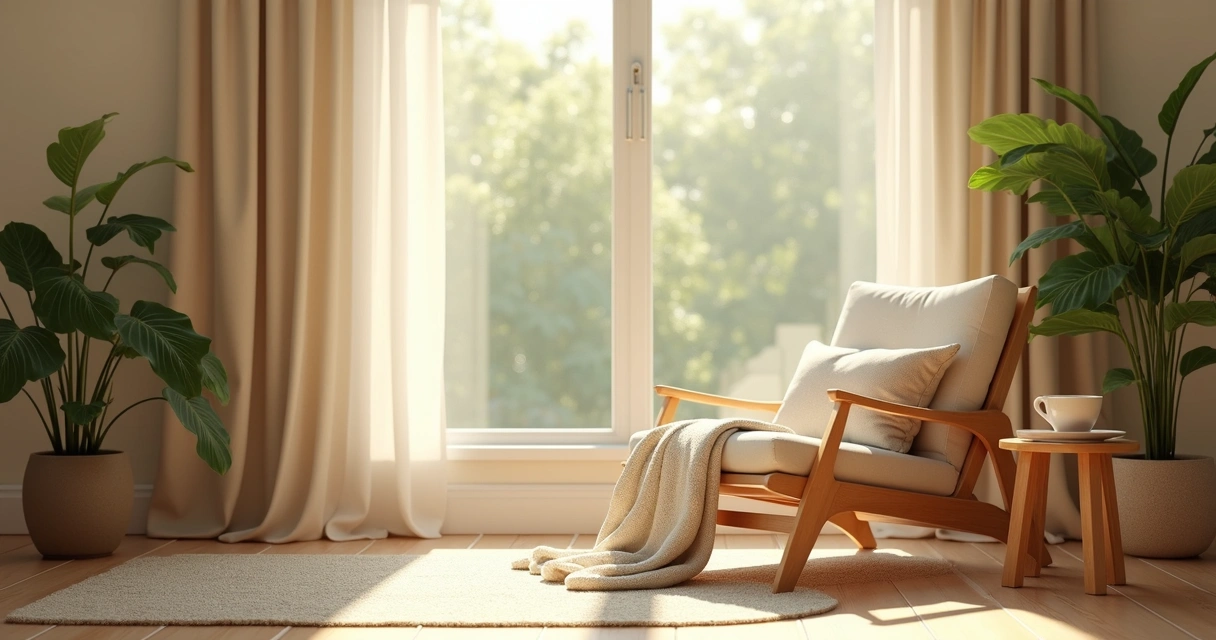 Soft natural room with plants, warm light, and quiet calming details