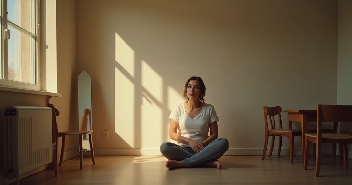 Person sitting quietly in soft light, appearing to reflect inwardly 