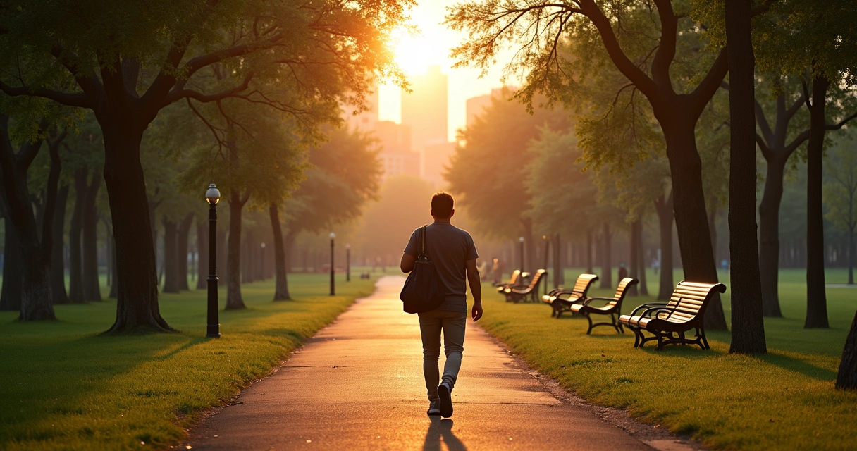 Person walking slowly in city park at sunset, looking relaxed