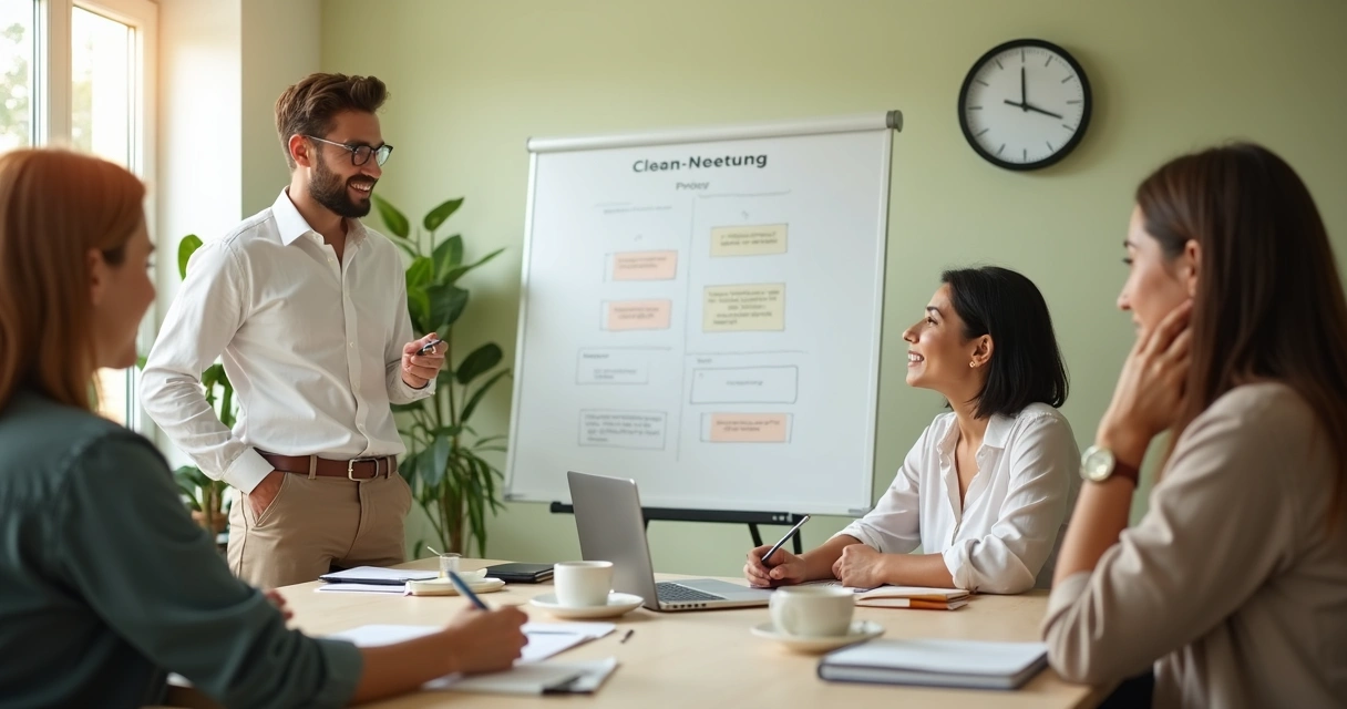 Manager leading a calm team check-in in a bright office 