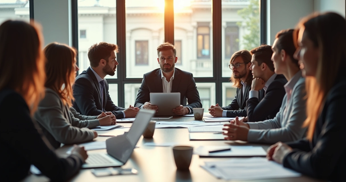 Small team pausing calmly during a decision meeting