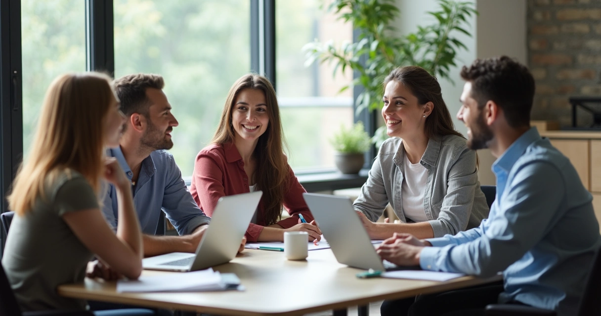 Small team having a calm discussion around an office table
