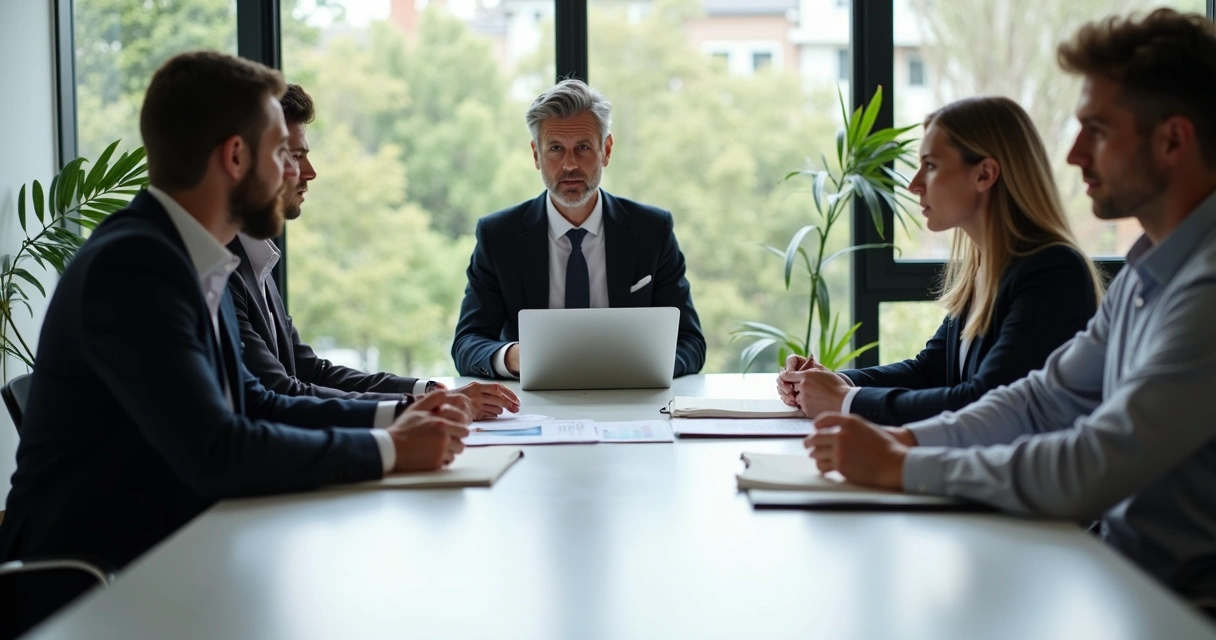 Team in a calm discussion around a meeting table 