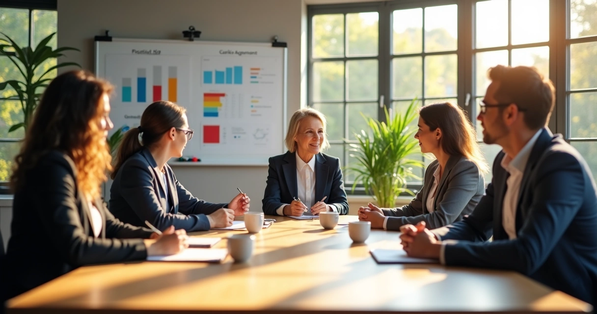 Diverse colleagues sitting at a large meeting table with relaxed postures and calm expressions 
