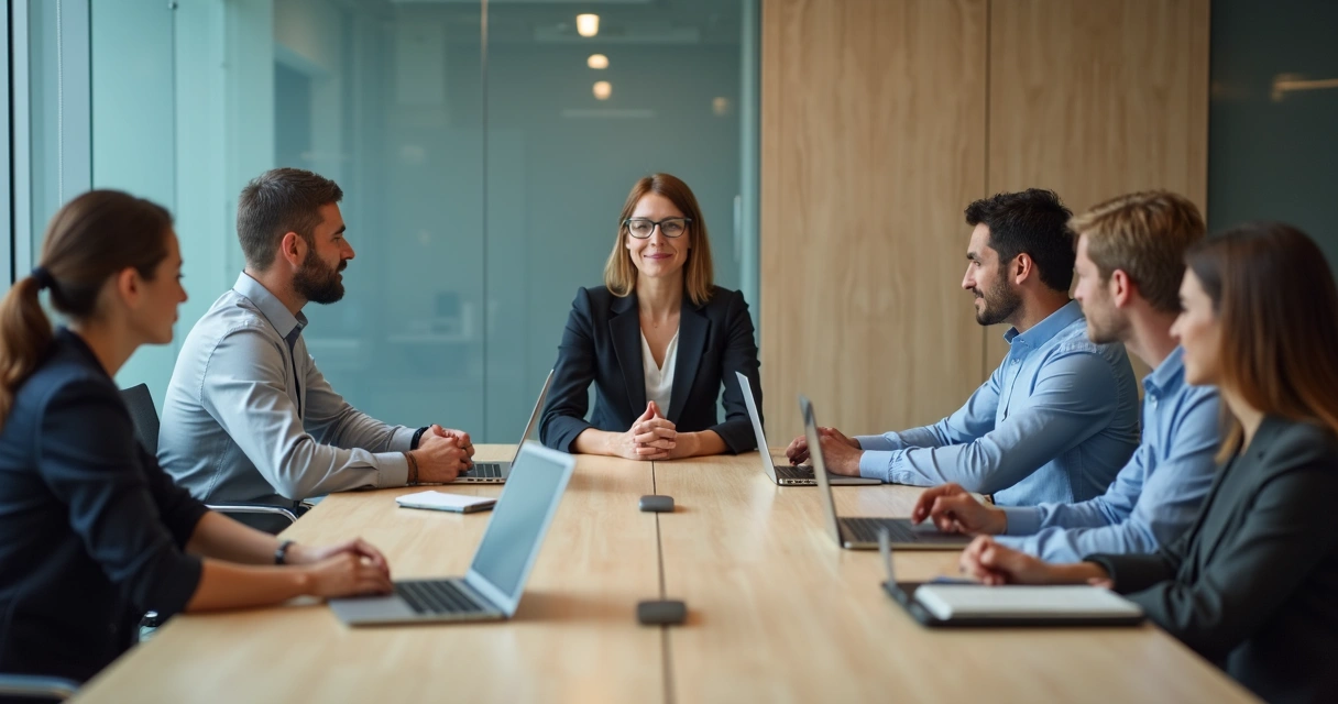 Calm team meeting with one person guiding discussion 