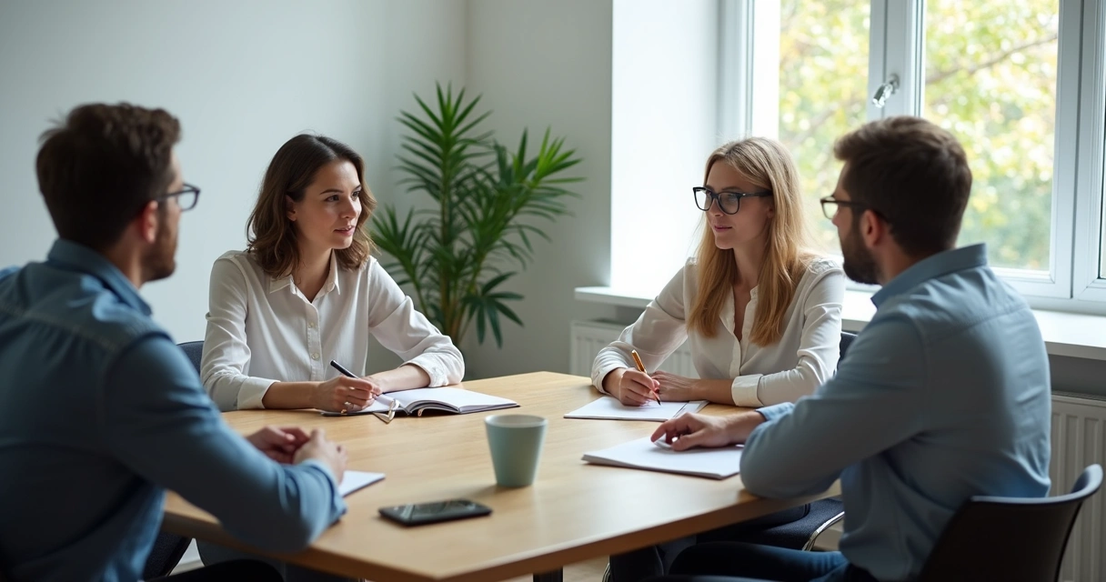 Small team in a calm meeting with attentive body language 