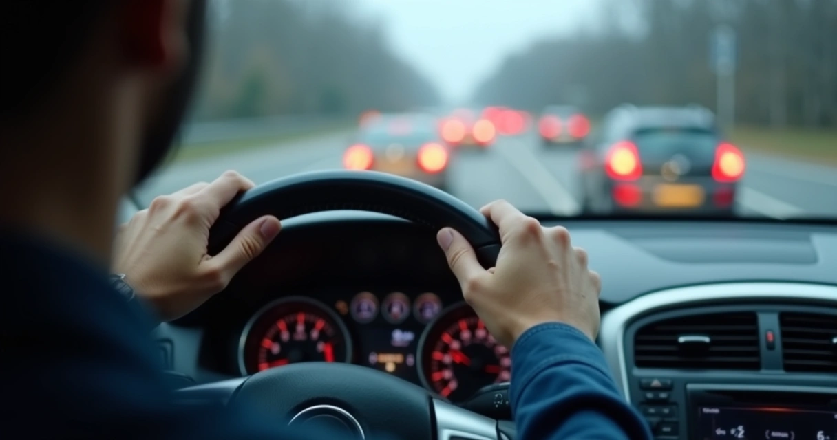 Close view of hands on a steering wheel with soft city traffic ahead