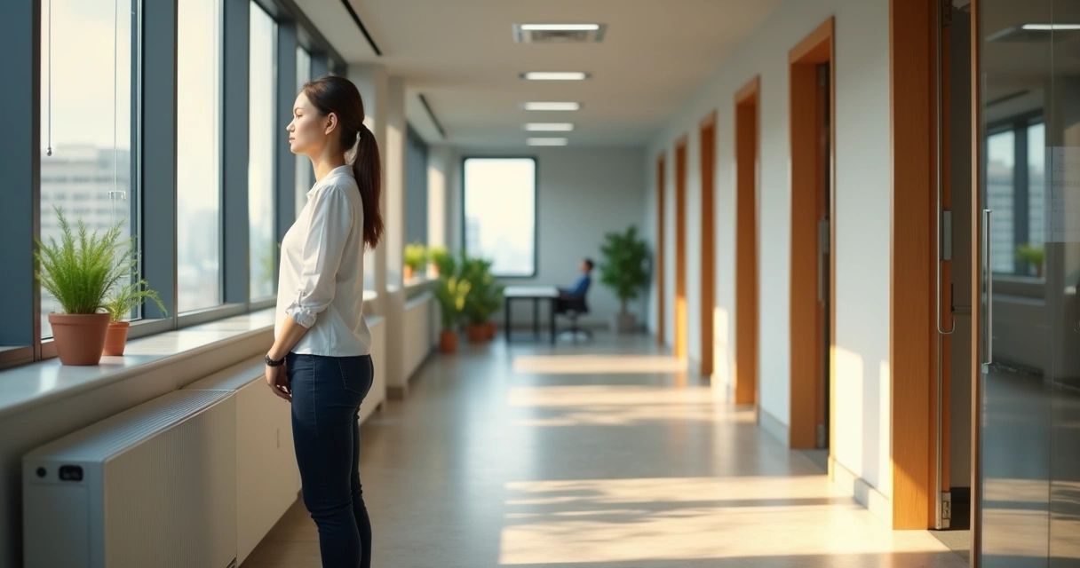 Person pausing in office hallway during work transition 