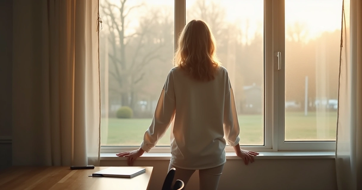 Person pausing by a window before entering a new task