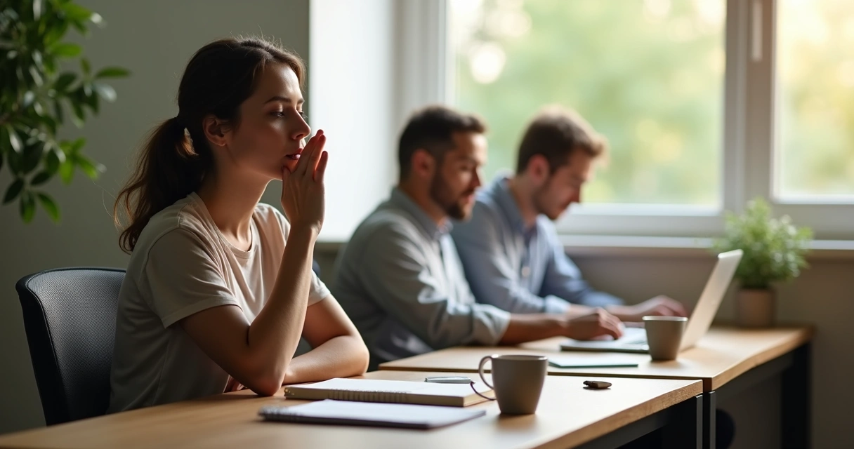 Calm office with people practicing mindfulness at their desks