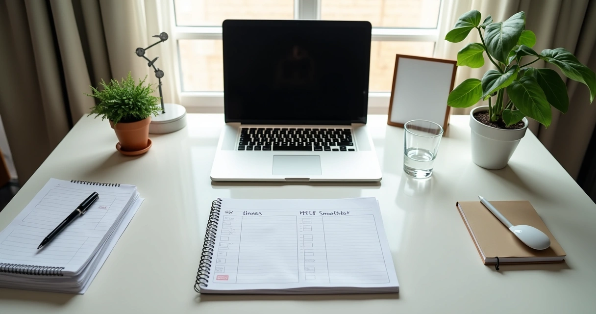 Organized desk with planner and calm workspace light 