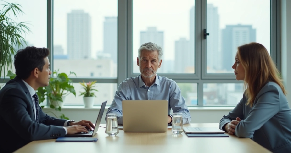 Manager calmly mediating a tense meeting between two colleagues in a modern office 
