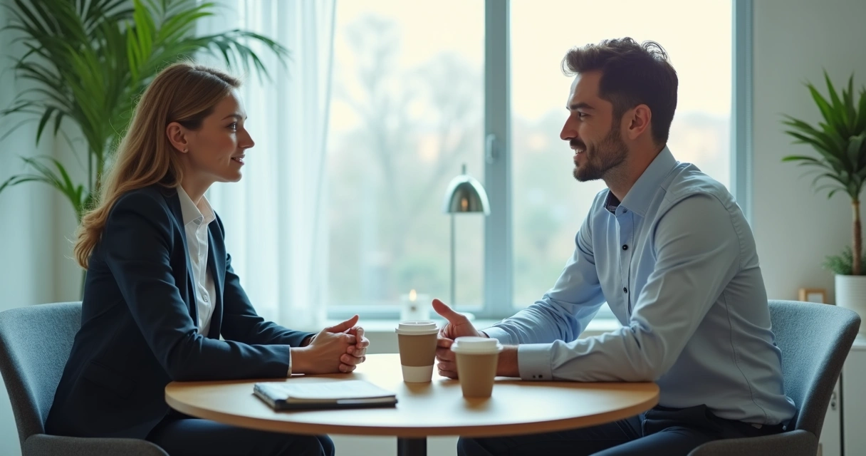 Two coworkers having a calm conversation in an office