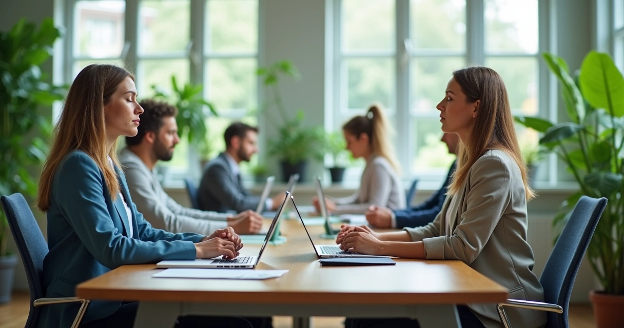 Team quietly working in an office with natural light and greenery 