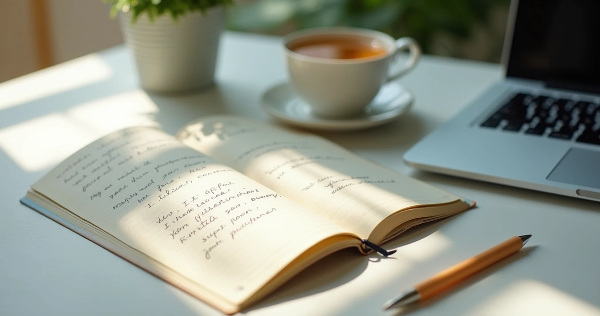 Notebook, tea, and calm workspace for emotional reset at work