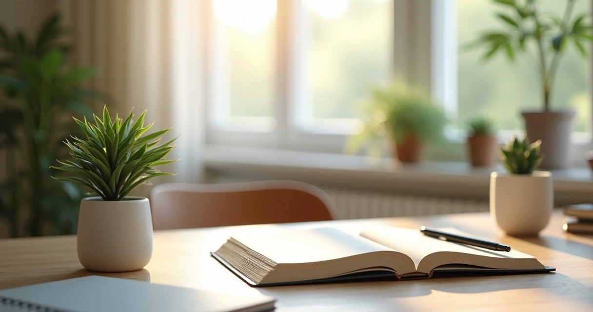 Softly lit workspace with plants and open notebook. 