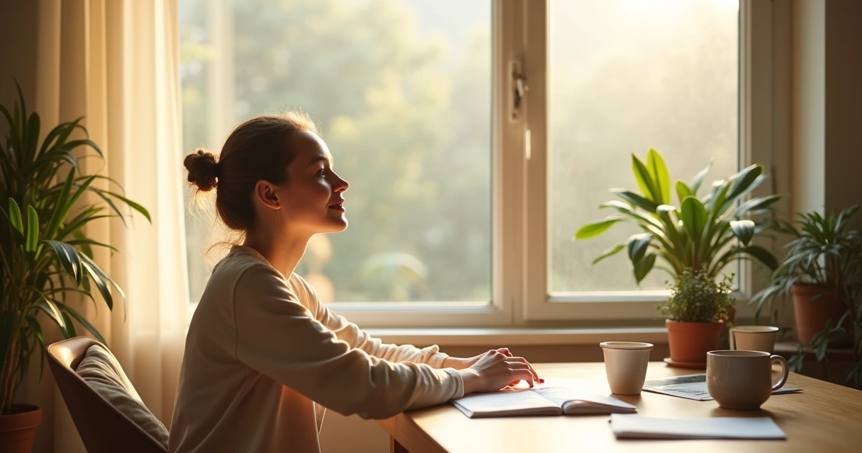 Person sitting at a calm workspace by a window