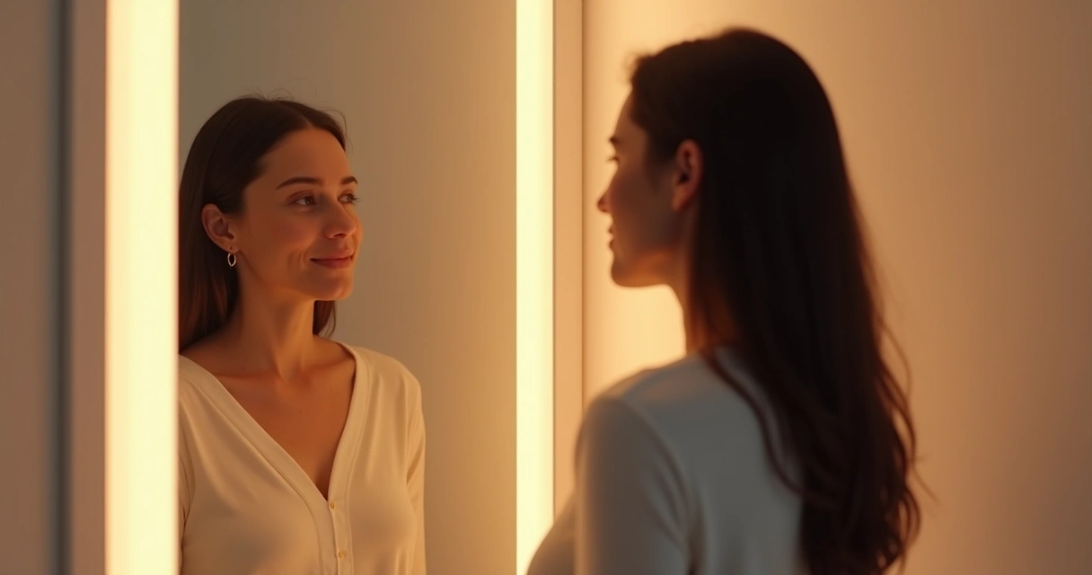 Pessoa olhando para o espelho, demonstrando calma e aceitação. 