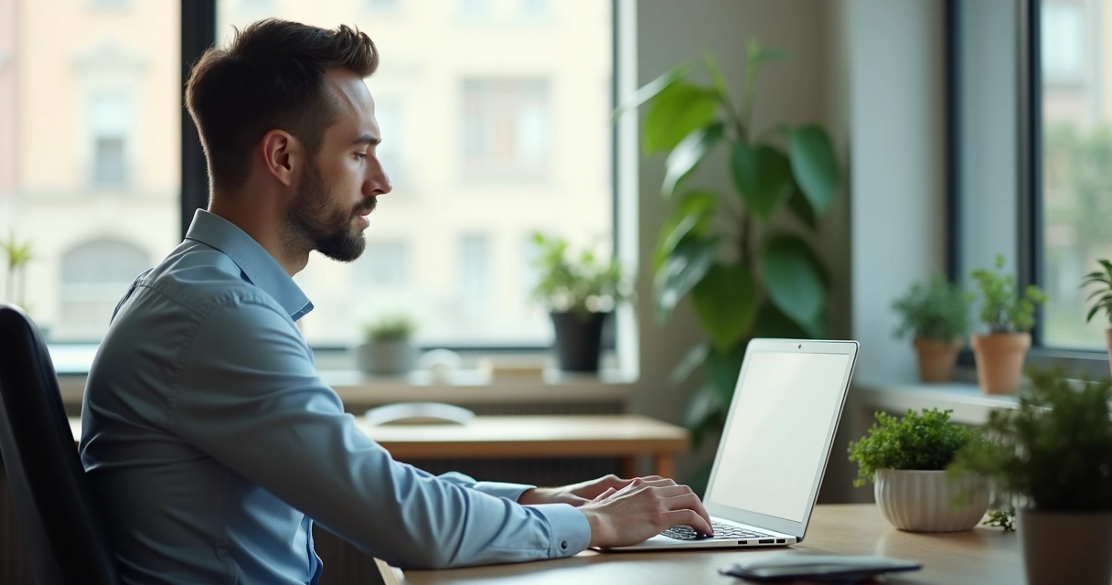 Hombre en su escritorio con expresión tranquila mientras trabaja en una laptop.