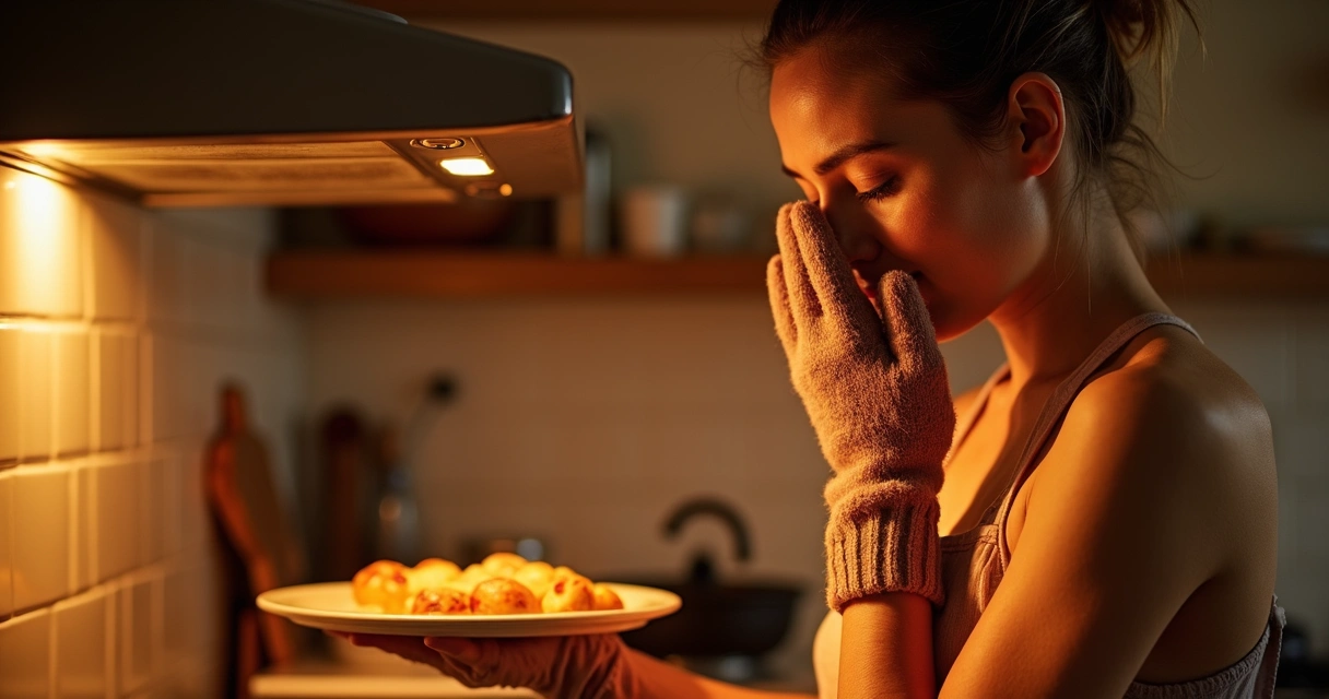 Pessoa protegendo o rosto próximo a forno ligado 