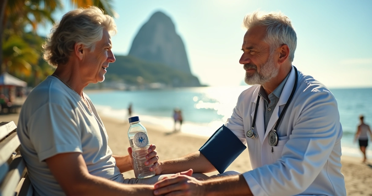 Cardiologista mede pressão de paciente ao ar livre em dia quente no Rio de Janeiro 