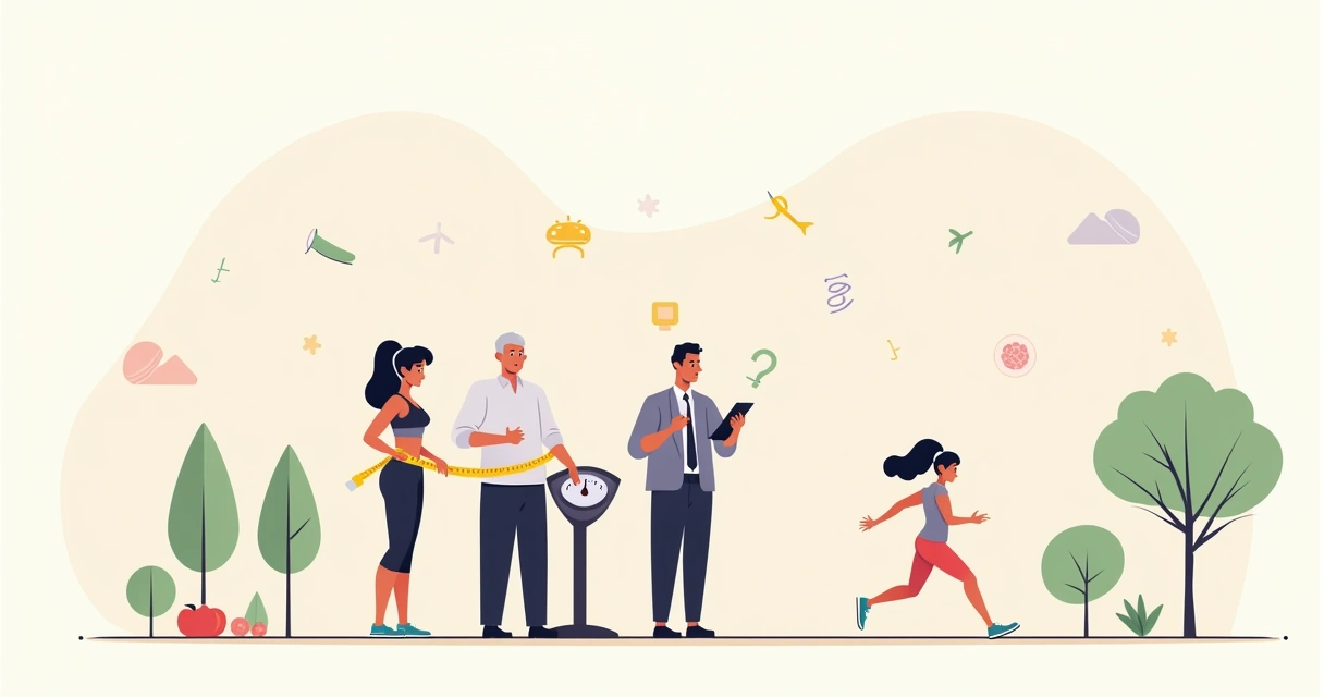 Grupo de pessoas de diferentes idades e gêneros medindo suas necessidades calóricas diárias com atividade e tecnologia.