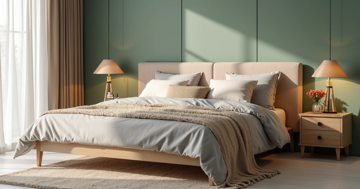 Cama arrumada com almofadas coloridas e manta aos pés 