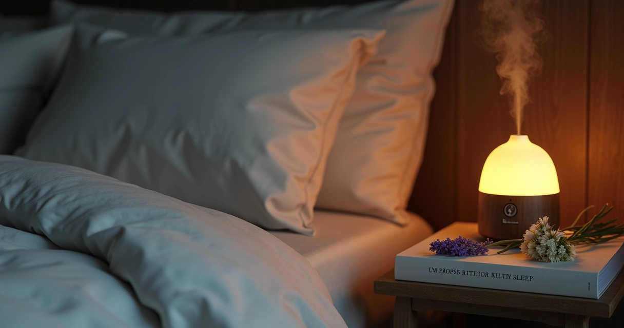 Cama arrumada com difusor de óleos essenciais ao lado 