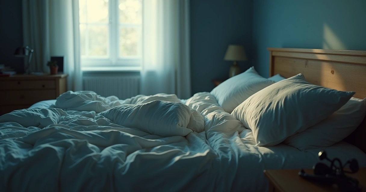 Cama bagunçada em um quarto escuro com luz suave entrando pela janela 