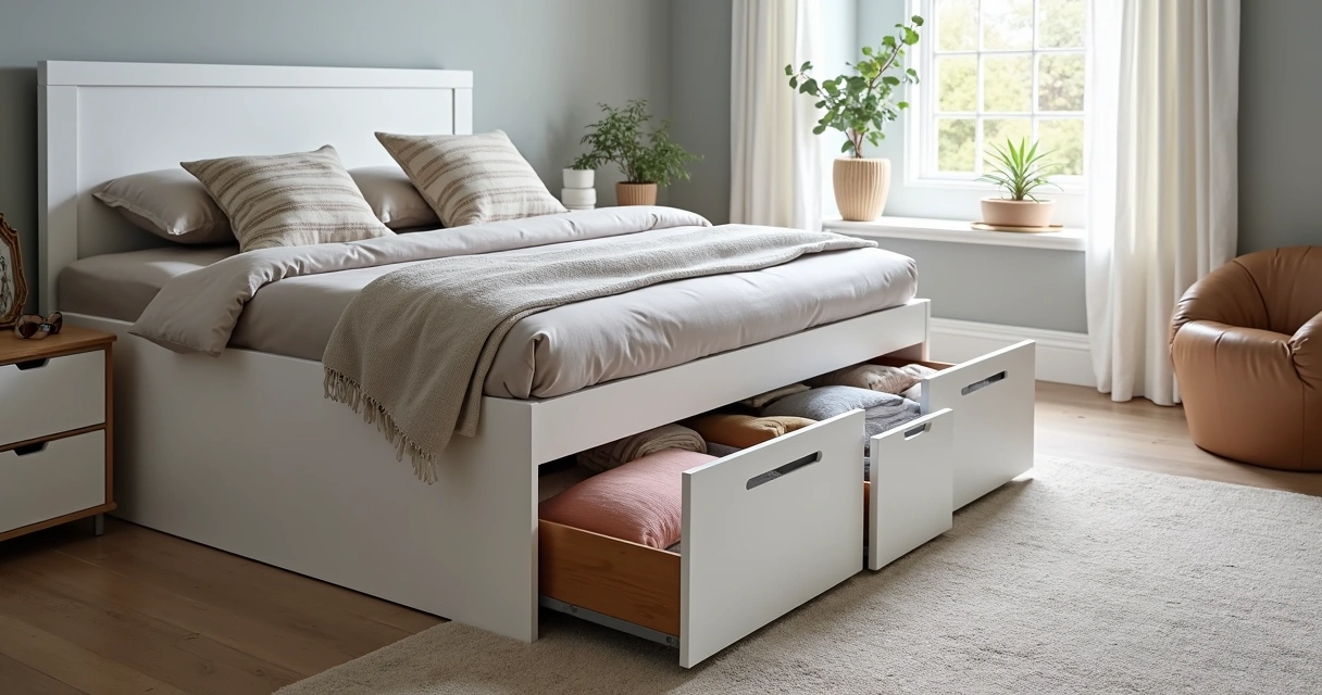 Cama multifuncional com gavetas abertas exibindo roupas organizadas 