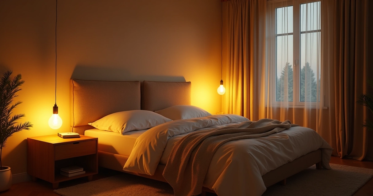 Quarto aconchegante com luz suave e cama arrumada 