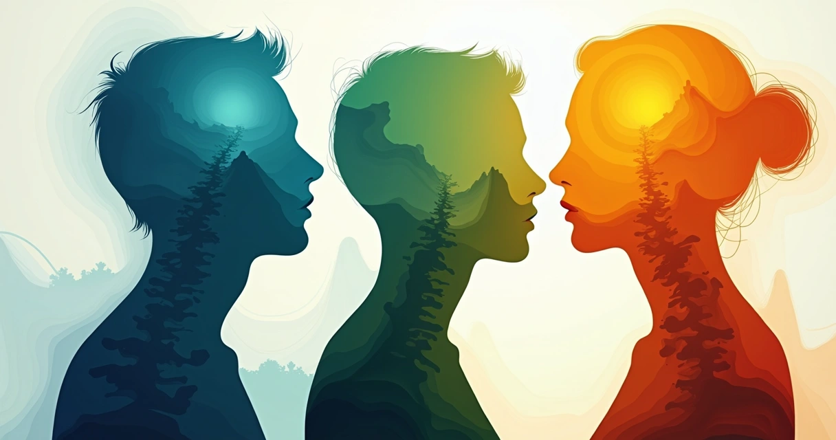 Três figuras humanas, cada uma mostrando uma camada interna de cores diferentes, representando várias dimensões da consciência. 
