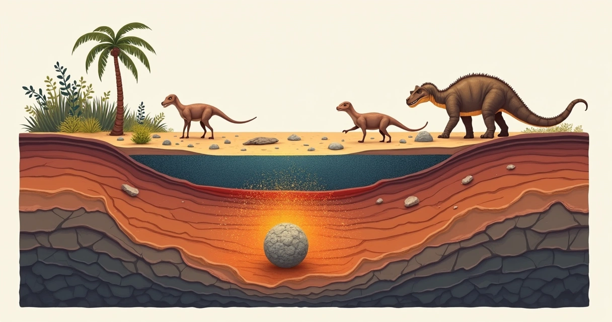 Camada de irídio separando fósseis de dinossauros de mamíferos em uma rocha 