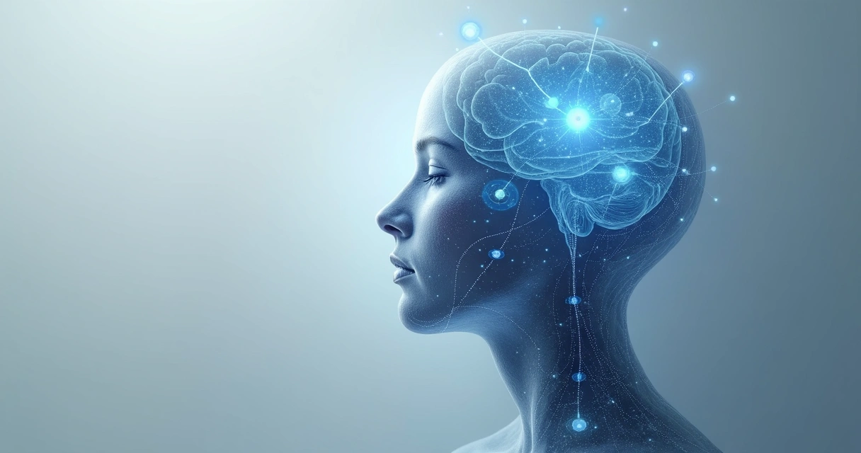 Representação artística de camadas da mente humana em tons azulados 