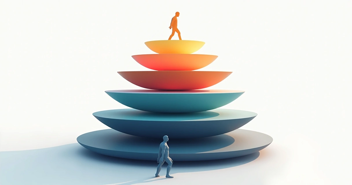 Representação artística abstrata de sete camadas coloridas alinhadas verticalmente, cada camada simbolizando um nível da consciência humana