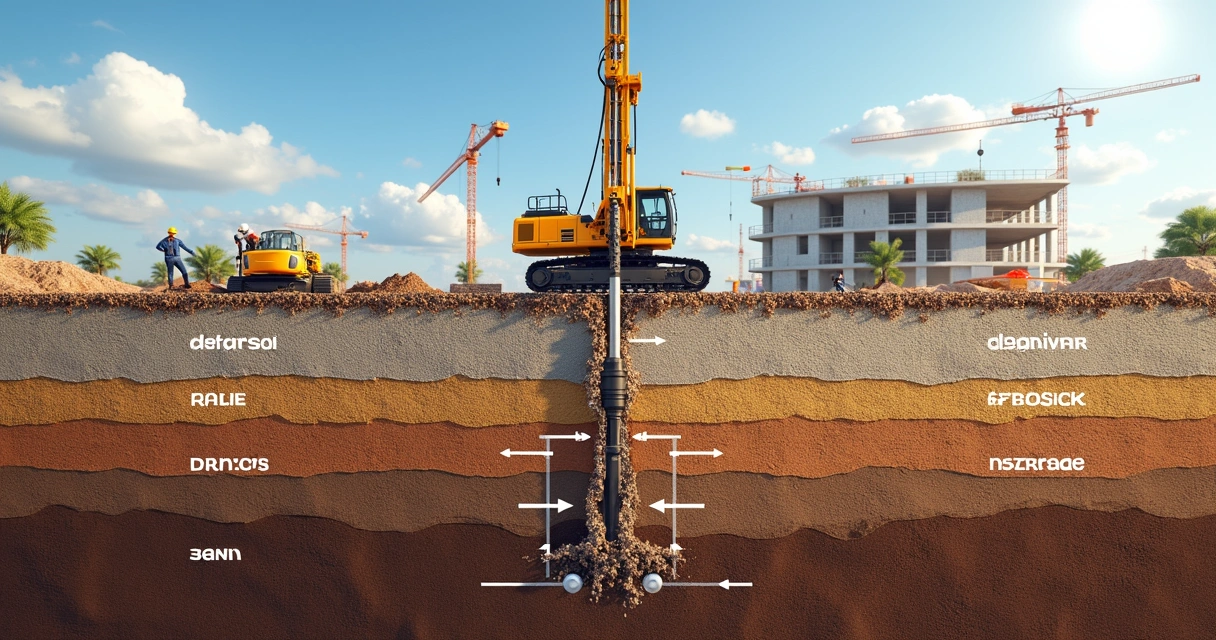 Corte vertical do solo mostrando diferentes camadas e instrumentos de sondagem. 