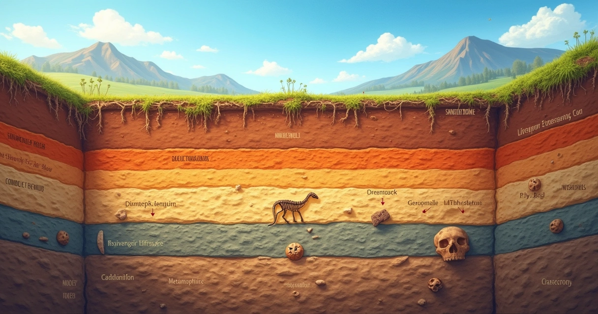 Ilustração de camadas geológicas com fósseis, cores vibrantes e fundo de montanhas e céu.