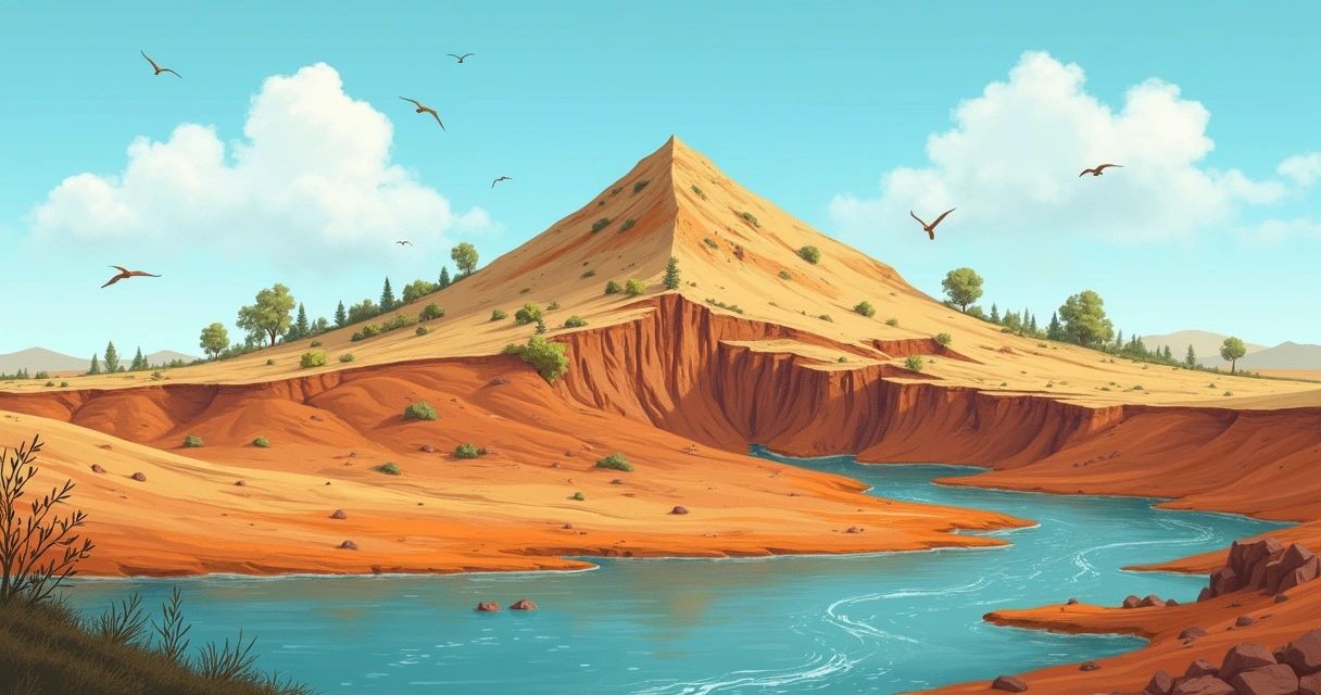 Corte transversal de camadas geológicas em uma montanha, com fósseis visíveis e céu claro.