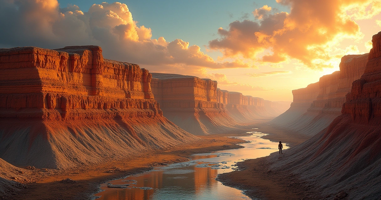 Camadas geológicas em um penhasco mostrando diferentes tonalidades e fósseis, com pôr do sol vibrante. 