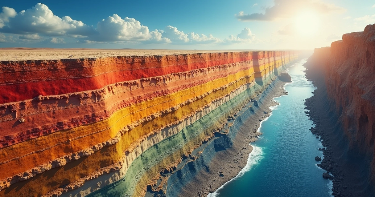 Camadas geológicas coloridas com fósseis, representando a sedimentação rápida e a história da Terra. 