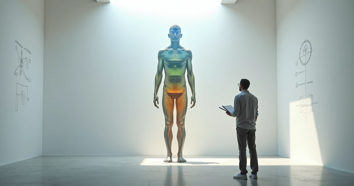 Pessoa observando silhueta com camadas internas representando mente inconsciente 