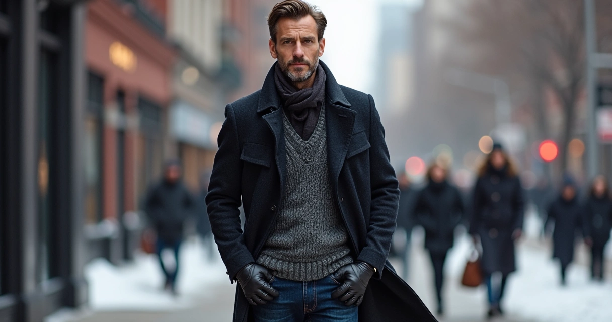 Homem com várias camadas de roupa em ambiente urbano