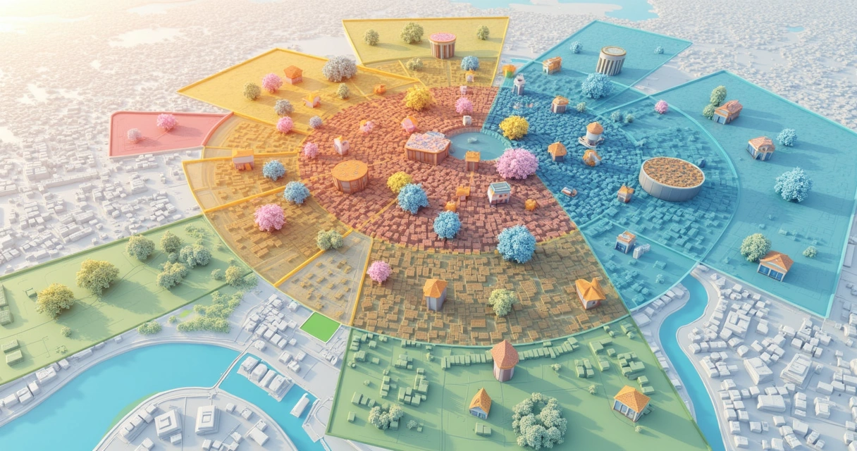 Mapa digital mostrando diferentes propriedades e camadas de informações imobiliárias 