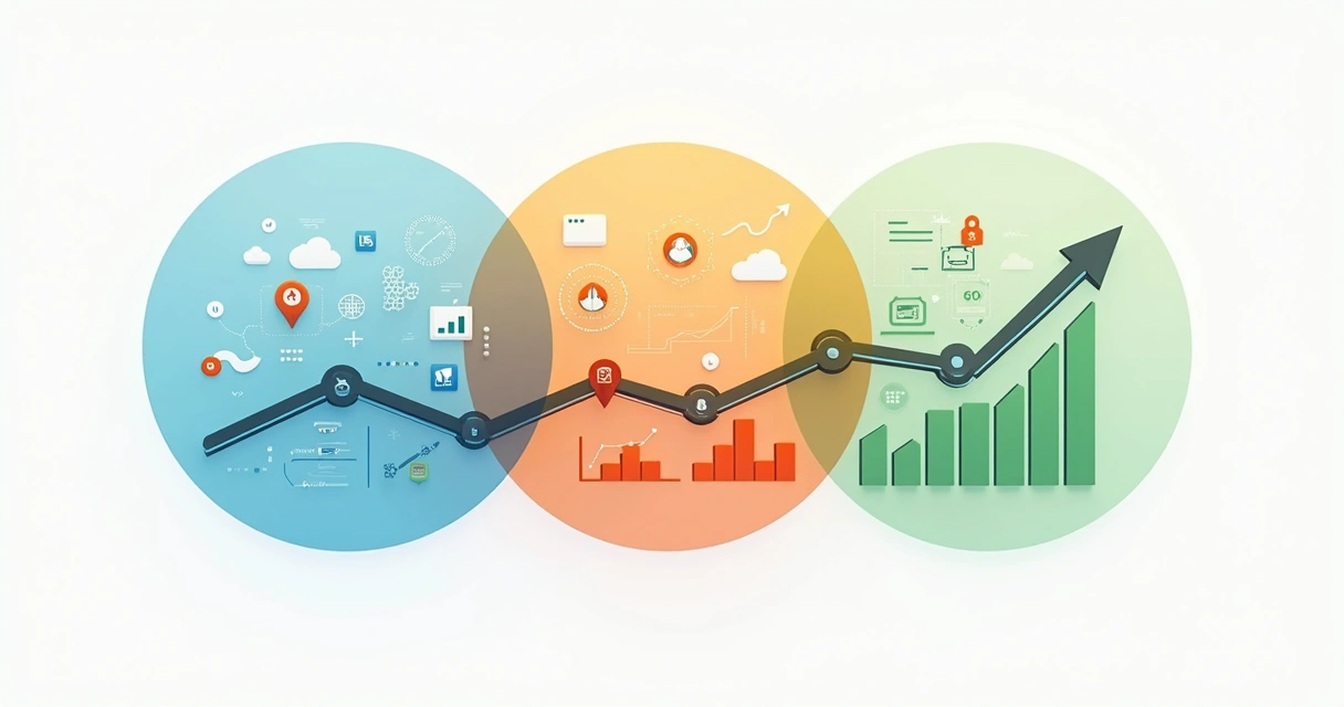 Ilustração de três camadas sobrepostas representando produto, marketing e growth integrados 