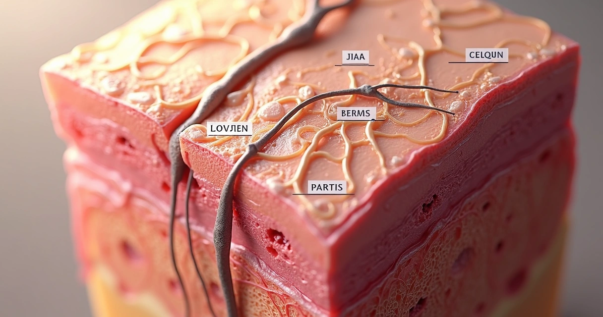 Ilustração detalhada das camadas da pele evidenciando a presença do colágeno 
