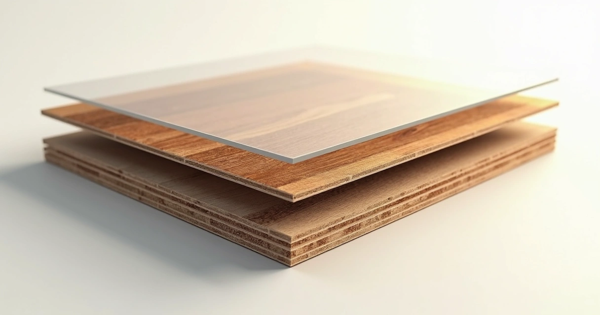 Esquema das camadas do piso laminado com HDF, papel decorativo e overlay