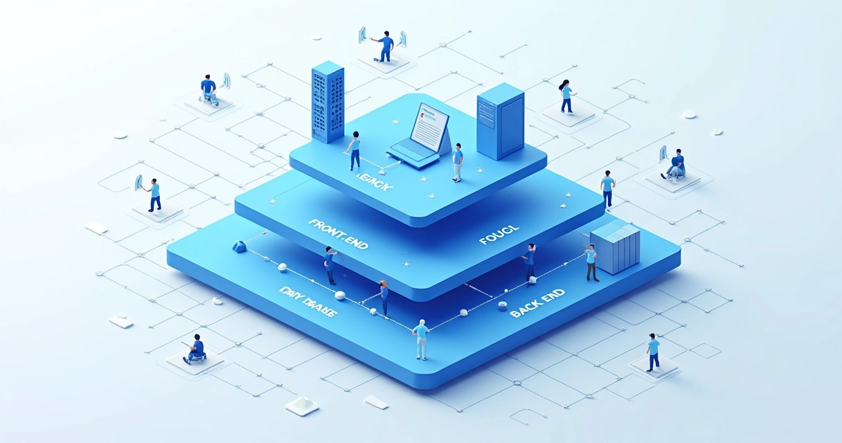 Representação visual das camadas front-end, back-end e banco de dados 